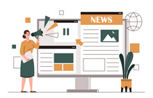 Breaking Or Hot News Concept. Woman With Megaphone Or Loudspeaker Stands Next To Large Computer Screen And Online Newspaper. Dissemination Of Important Information. Cartoon Flat Vector Illustration