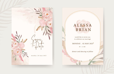 Poster - Set of Save the date wedding invitation card template with rose flower bouquet watercolor art