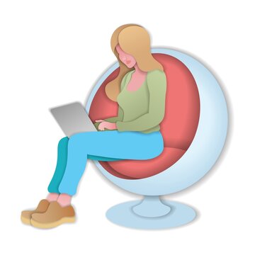 Paper cut style.Woman sitting with laptop in trendy round
armchair.Woman works at the computer. Work and Internet search.Origami silhouette.Craft paper cut art illustration.