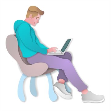 Paper cut style.A man is sitting with a laptop in a fashionable chair. A young man works at a computer. Work and Internet search.Origami silhouette.Craft paper cut art illustration.