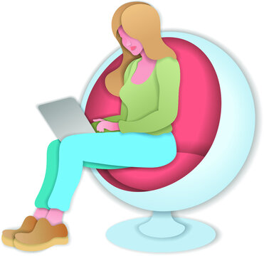 Paper cut style.Woman sitting with laptop in trendy round
armchair.Woman works at the computer. Work and Internet search.Origami silhouette.Craft paper cut art illustration.