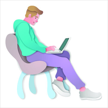 Paper cut style.A man is sitting with a laptop in a fashionable chair. A young man works at a computer. Work and Internet search.Origami silhouette.Craft paper cut art illustration.
