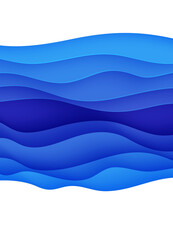 Wall Mural - Abstract background with water waves in paper cut style. 3d wallpaper with cut out deep wavy modern cover. Blue color layers with smooth shadow papercut art. Vector illustration, origami shapes