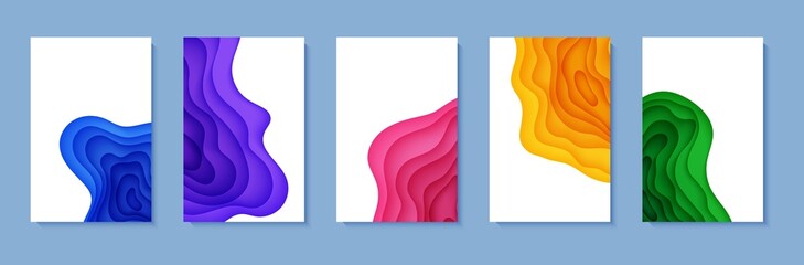 Wall Mural - Set of five vertical flyers in cut paper style. Blue, green, yellow violet purple and pink template for posters, brochures, presentations, invitations with place for text . Collection of vector cards