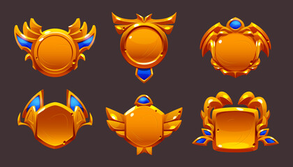 Poster - game gold award badges with decorative frames.vector cartoon icons set of glossy emblems with fantas