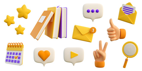 3d education and social media icons for university and school. stack of the books, calendar, search,