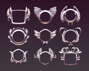 Poster - Empty silver frames for game award labels for win or achievement.Vector cartoon set of metal fantasy borders for buttons different shapes isolated on background