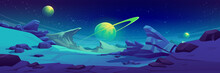 Mars Surface, Alien Planet Landscape. Night Space Game Background With Ground, Mountains, Stars, Saturn And Earth In Sky. Vector Cartoon Fantastic Illustration Of Cosmos And Dark Martian Surface