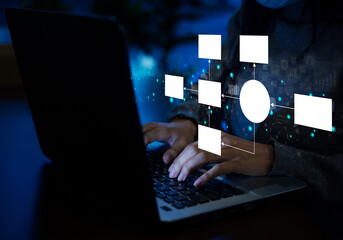 Fototapete - Businesswoman analyzing business process strategies and automated workflows.	