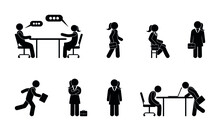 Businesswoman Icon Collection, Woman At Work Illustration, Stick Figure Pictogram People In The Office, Businessmen Go, Stand, Sit And Work