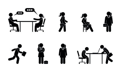 Wall Mural - businesswoman icon collection, woman at work illustration, stick figure pictogram people in the office, businessmen go, stand, sit and work