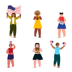 Canvas Print - Illustration Of Faceless Cartoon Character Style Boy And Girl Playing From Flag, Drum, Cymbal And Clarinet On American Day Or Event On White Background.