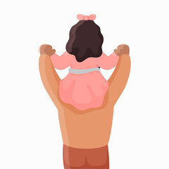 Sticker - Back View Girl Sitting On Shoulder Of Her Father Against White Background.