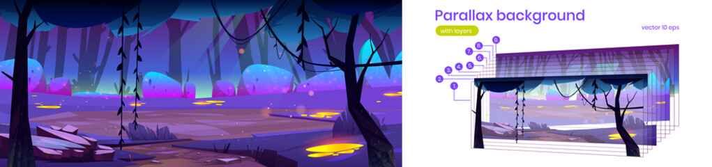 Wall Mural - Magic forest with trees, bushes and gold spots on grass at night. Vector parallax background ready for 2d animation with cartoon illustration of fantastic woods landscape with path and glade