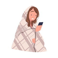 Sticker - Woman Character with Smartphone Reading Shock Content or News Sitting Wrapped in Blanket Vector Illustration