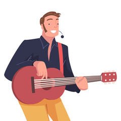 Canvas Print - Man Singer and Musician with Microphone and Guitar Performing Music on Stage Vector Illustration