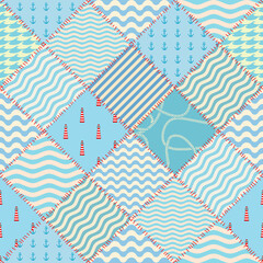 Aufkleber - Patchwork seamless pattern in marine style. Art seamless background.