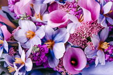 Pink Violet Autumn Colorful Fall Bouquet. Beautiful Flower Composition With Tulip. Flower Shop And Florist Design Concept. Close Up, Floral Background