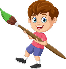 Poster - Cartoon little boy holding a big paintbrush