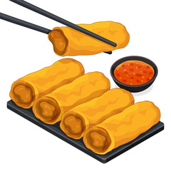 Chopsticks holding chinese spring rolls fried (Lumpia) isolated illustration vector.