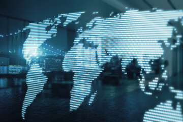 Aufkleber - Glowing digital map hologram on blurry blue city backdrop. Worldwide technology and network concept. Double exposure.