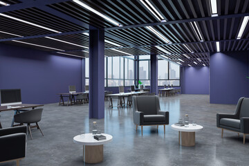Poster - Minimalistic dark concrete coworking office interior with furniture, decorative pot plants and computer monitors. Workplace concept. 3D Rendering.