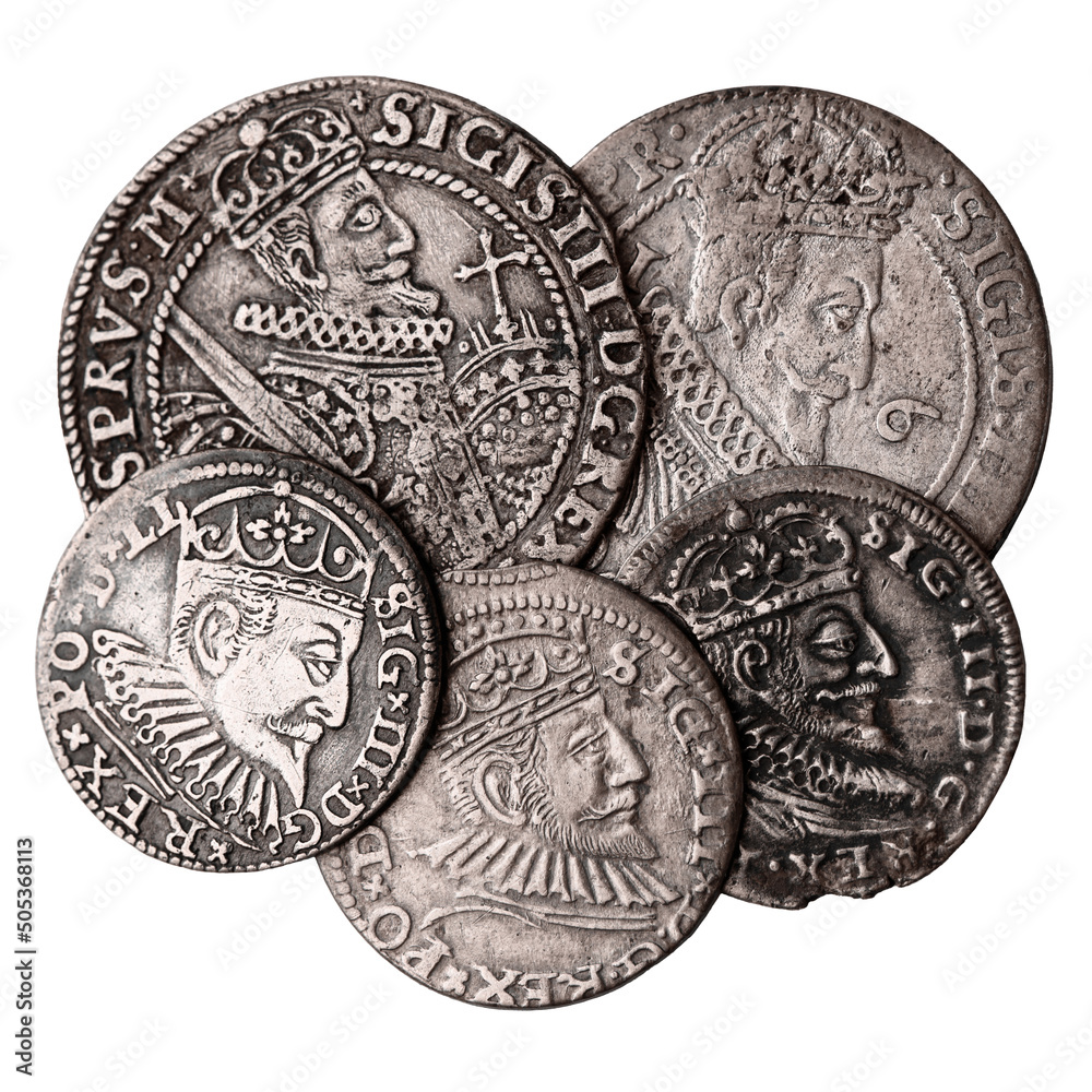 Old silver coins 16-17th century isolated on white background. Averse ...