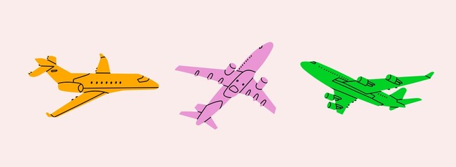 Airplane flying in the sky. Bright colorful silhouettes of passenger planes. Vacation, fast travel, transportation concept. Hand drawn modern Vector illustration. All elements are isolated