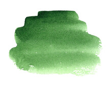 Green Watercolor Hand Drawn Stain On White Paper Grain Texture. Abstract Water Color Artistic Brush Paint Splash Background