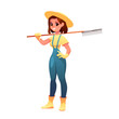 Woman farmer holding a rake isolated on white background. Vector illutration cute cartoon character.