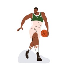 Wall Mural - African-American athlete, basketball player going with ball in hand. Strong black man sportsman in uniform, shorts moving, playing sports game. Flat vector illustration isolated on white background