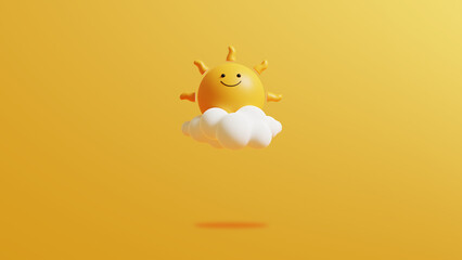 Poster - Sun on yellow background.Colorful summer minimal background with copy space.3D Rendering Illustration.