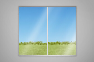 Wall Mural - Room with meadow and blue sky view from the window glass