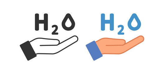 Wall Mural - H2o on open palm icon. Give water symbol. Sign formula and hand vector.