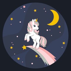 Wall Mural - Cute unicorn running on the falling star with the starry sky on background. Round frame. Vector illustration