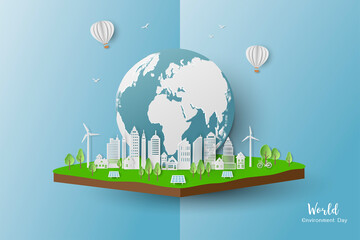 Eco friendly and save the environment conservation concept,paper art clean city on isometric background