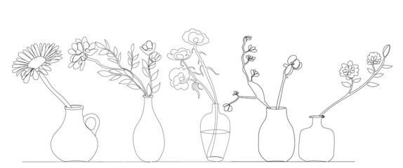 Wall Mural - flowers in a vase one continuous line drawing, isolated, vector