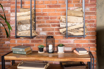 Wall Mural - Loft interior mock up photo. Brown red brick wall with leather sofa and minimalist wooden table. 