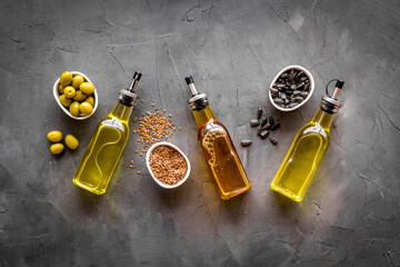 Wall Mural - Three types of cooking oil - sunflower olive and sesame oil