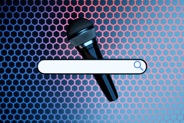 Fototapete - 3D illustration of a silver microphone with an information search bar on a colorful background.