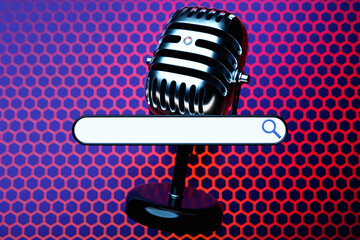 Fototapete - 3D illustration of a silver microphone with an information search bar on a pink background. The concept of communication via the Internet, social networks, chat, video, news, messages