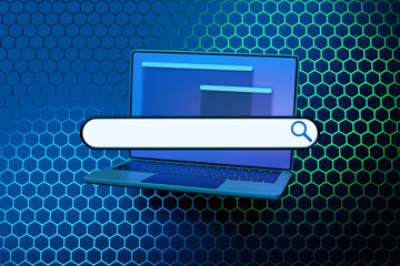 Poster - 3D colorful illustration of a modern laptop with an information search bar on a  honeycomb background. 