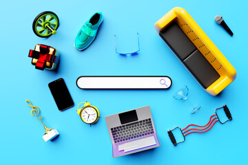 Poster - 3D illustration, search bar design element with  different equipment: dumbbells, singlasses, car, hammer, microphone, clock, present, sofa and other. 
