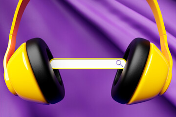 Poster - Yellow classic wireless headphones with search bar 3d rendering. Headphone icon illustration. Audio technologies.