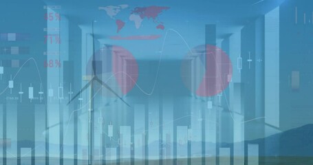 Poster - Animation of financial data and graphs over landscape with wind turbines