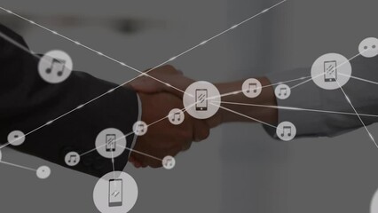Poster - Animation of network of connections with icons over shaking hands