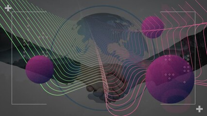 Wall Mural - Animation of shapes, globe and spheres over shaking hands