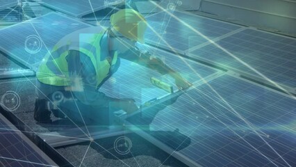 Poster - Animation of network of connections over solar panels and caucasian male engineer
