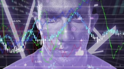 Poster - Animation of data processing and caucasian man on black background