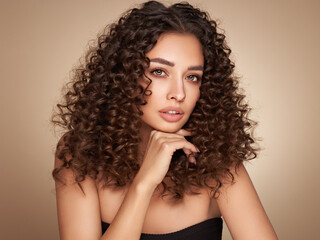 Fashion studio portrait of beautiful smiling woman with afro curls hairstyle. Fashion and beauty